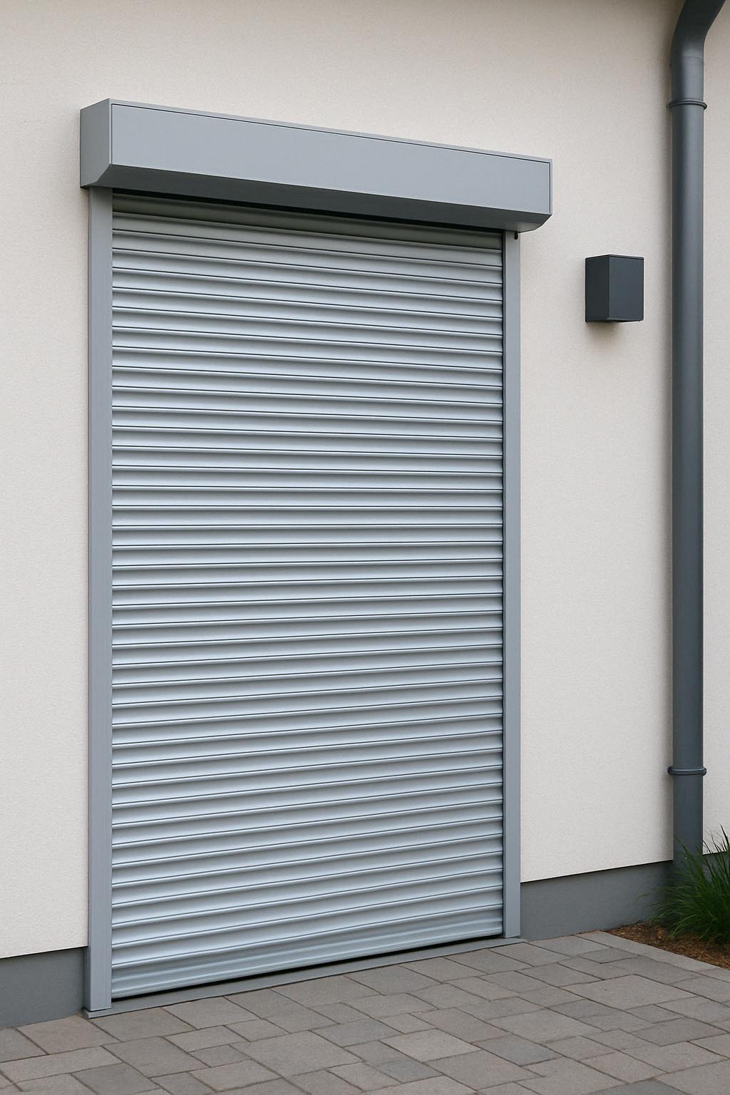 High-quality image of a closed silver roller shutter door installed on a modern white building with a tiled walkway.